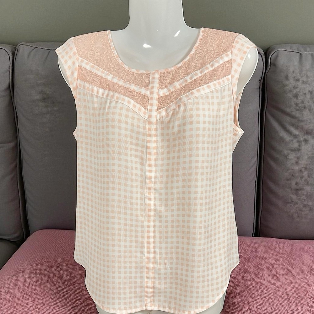 Women's Top Sheer Pink Gingham Cap Sleeve Med Country Coquette‎ Lace Keyhole